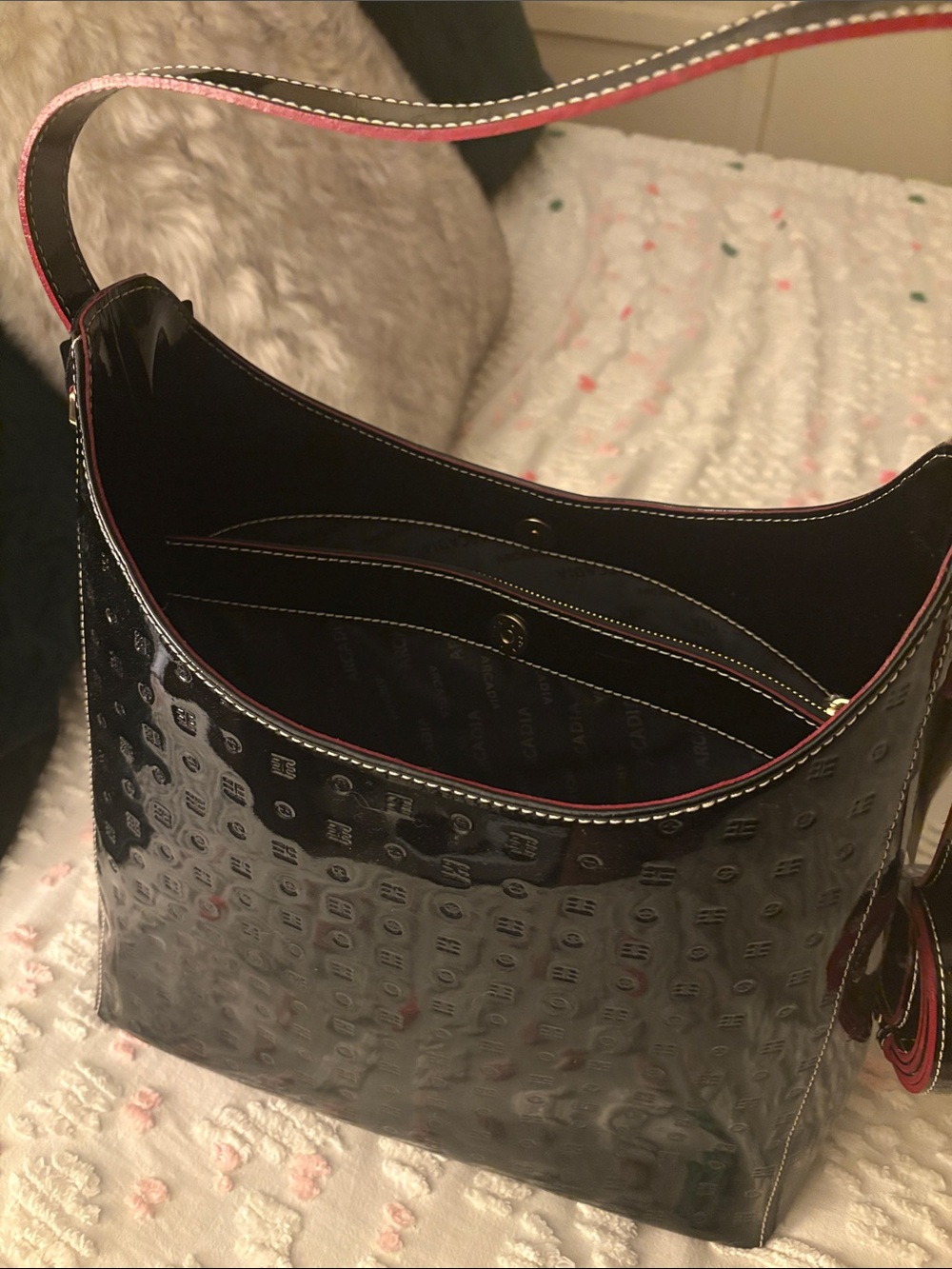 Patent Leather Shoulder Hobo Bag in Black with Red Trim